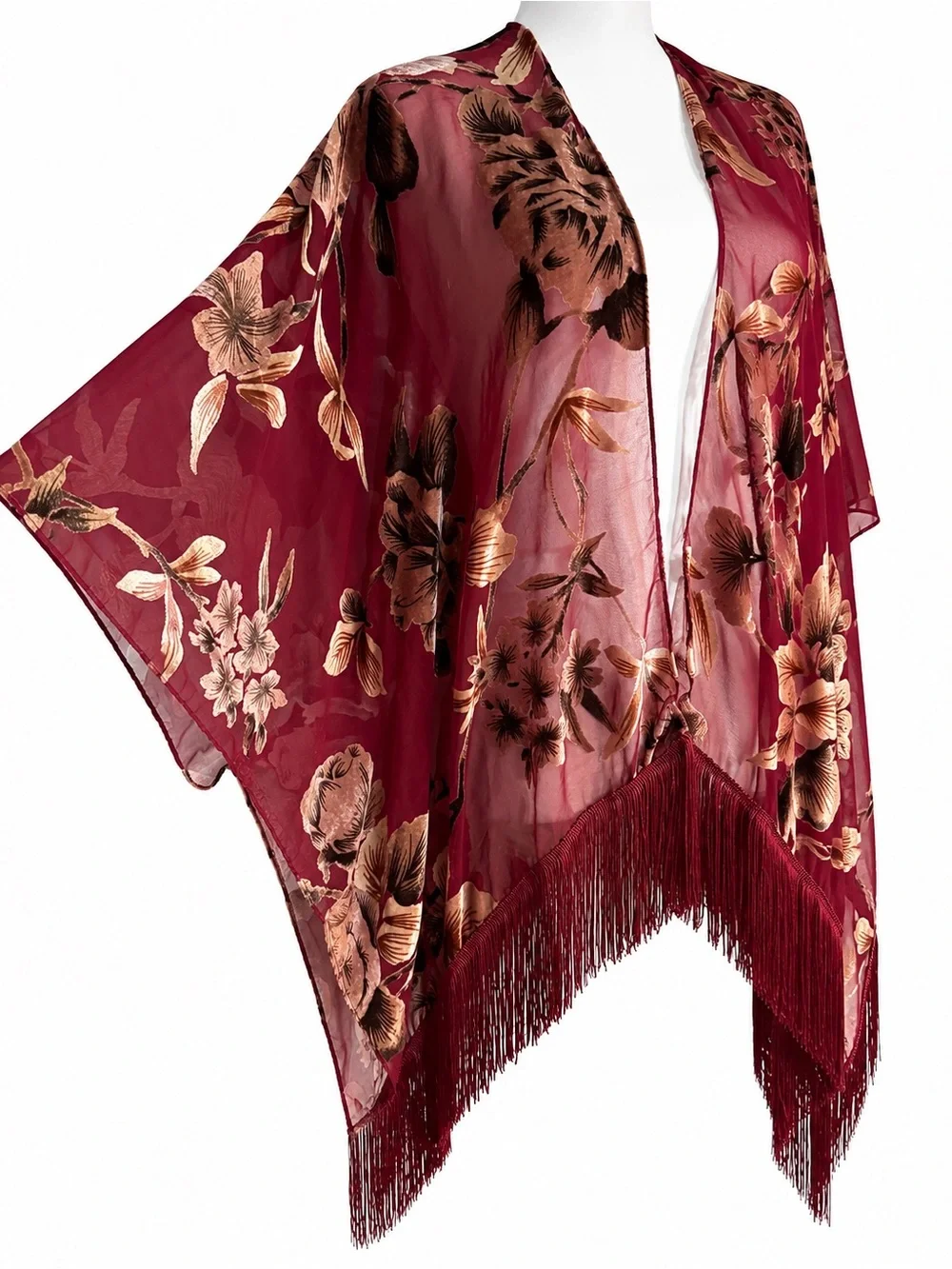 Roffe Burgundy Floral Chiffon Velvet Burnout Fringe Kimono os